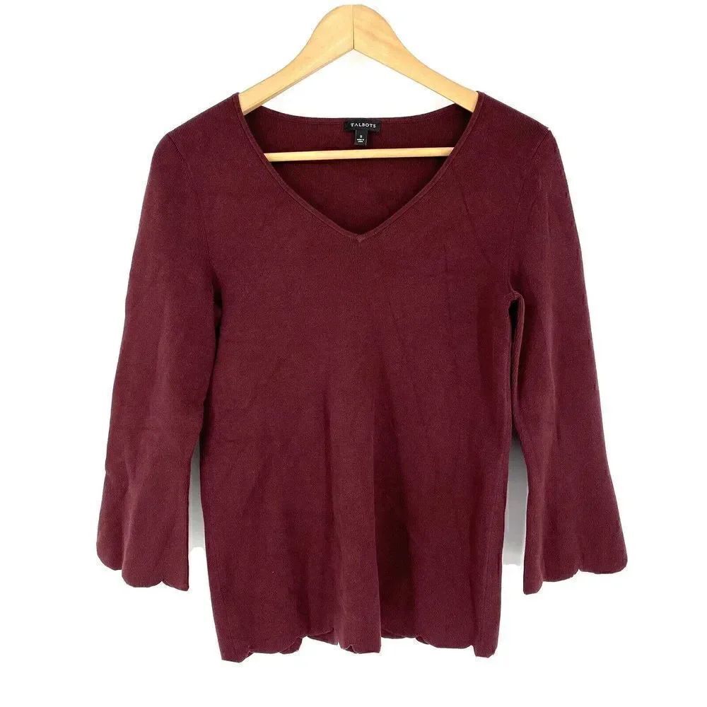 Talbots Sweater Size Small Womens Merlot Scalloped Hem V Neck Pullover Knit